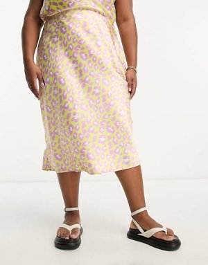 Атласная юбка-комбинация миди желтого цвета с леопардовым принтом Simply Be