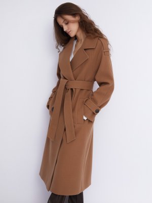 Длинное пальто-тренч без утеплителя на пуговицах с рукавами реглан и поясом zolla. Цвет: бежевый