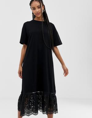 Свободное платье с короткими рукавами и кружевной отделкой -Черный Amy Lynn