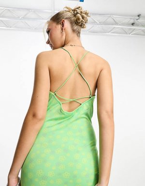 Зеленое платье-комбинация миди с перекрестным воротником и высоким Noisy May