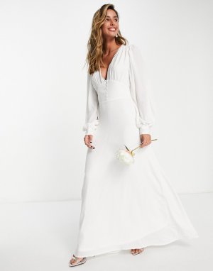 Белое свадебное платье макси с обтянутыми тканью пуговицами Bridal-Белый Vila
