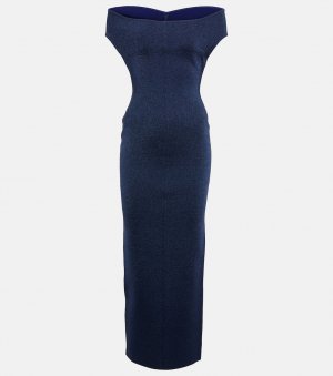 Платье с открытыми плечами из смесовой шерсти люрексом ALAÏA, синий Alaïa