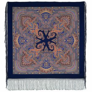 Платок ,148х148 см, коричневый, синий Павловопосадская платочная мануфактура. Цвет: синий