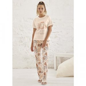 Пижама женская с брюками и футболкой Модный кот Relax Mode. Цвет: микс/оранжевый/белый/розовый/бежевый