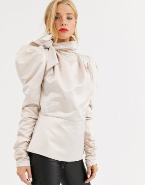 Атласная блузка в винтажном стиле со структурированными рукавами -Кремовый Dusty Daze