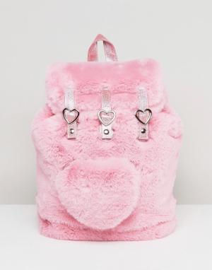 Розовый рюкзак из искусственного меха с сердцем Lazy Oaf. Цвет: розовый
