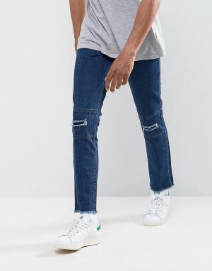 Укороченные джинсы слим с рваной отделкой и необработанными краями -Синий Hoxton Denim