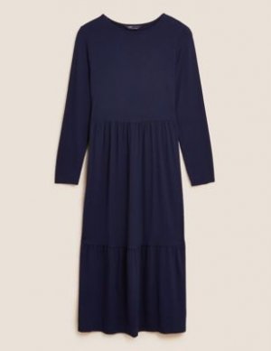 Многоярусное платье-миди из джерси с круглым вырезом, Marks&Spencer Marks & Spencer. Цвет: темно-синий