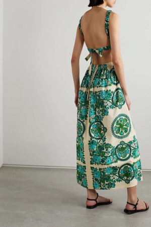 CARA платье макси Colomba из хлопка и поплина с цветочным принтом открытой спиной, зеленый