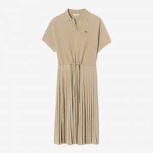 Женское плиссированное платье-поло с короткими рукавами [Светло-бежевый] Lacoste