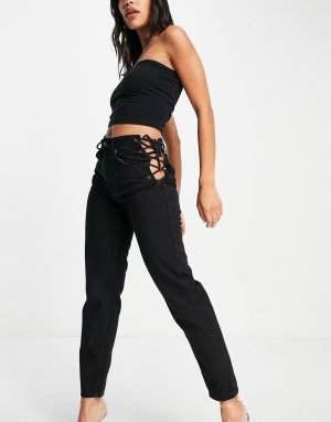 Черные выбеленные джинсы прямого кроя с разрезами по бокам -Черный цвет Femme Luxe