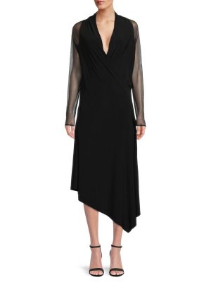 Асимметричное платье миди с сетчатыми рукавами Black Donna Karan
