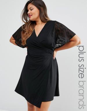 Платье с запахом и кружевными рукавами-кимоно Plus Praslin. Цвет: черный