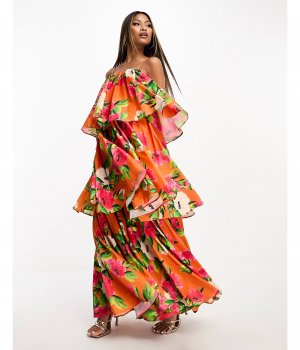 Ярусное платье мидакси с оранжевым цветочным принтом Forever Unique