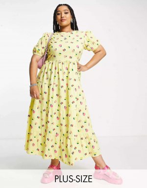 Ярусное свободное платье миди с открытой спиной лимонно-фруктовым принтом Neon Rose Plus