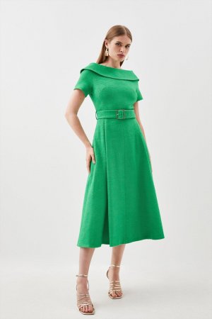 Твидовое платье миди с высоким воротником и поясом пышной юбкой , зеленый Karen Millen
