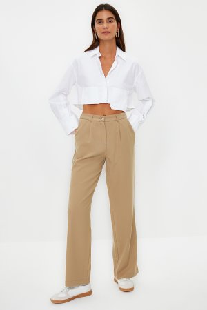 Норковые тканые брюки прямого кроя с эластичной резинкой на талии , коричневый Trendyol