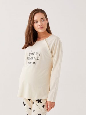 Пижамный комплект для беременных с круглым вырезом и принтом длинными рукавами LCW DREAM, кремовый принт Dream