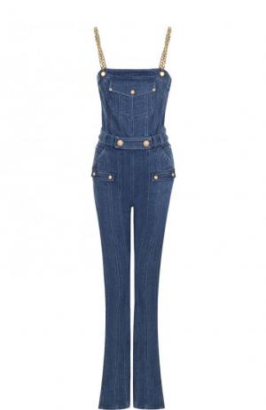 Приталенный джинсовый комбинезон с потертостями Balmain. Цвет: голубой