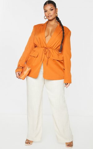 Большой пиджак светло-коричневого цвета с завязками на талии PrettyLittleThing