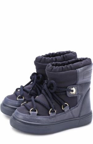 Комбинированные утепленные сапоги на шнуровке Moncler Enfant. Цвет: темно-синий