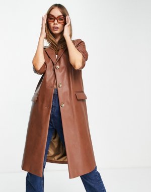 Коричневое пальто из искусственной кожи в стиле 90-х -Коричневый цвет Helene Berman
