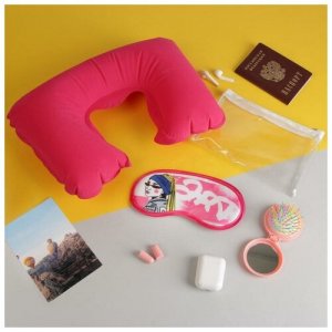 Дорожный набор : беруши, подушка, расческа, косметичка, маска для сна, 4 предмета, розовый Mikimarket. Цвет: розовый