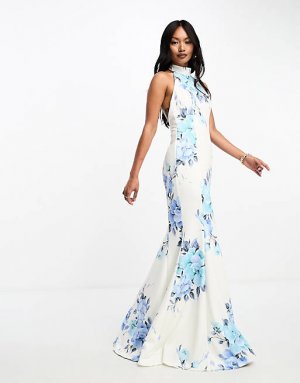 Бело-синее платье макси с высоким воротником и цветочным принтом True Violet