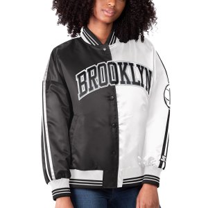 Женская базовая черно-белая университетская куртка Brooklyn Nets с разрезом и цветными блоками, атласная длинными кнопками Starter