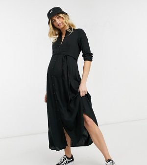Черное платье-рубашка мидакси с длинными рукавами -Черный цвет New Look Maternity