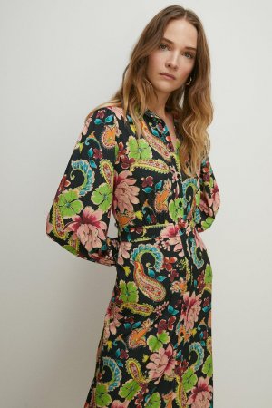 Облегающее трикотажное платье миди с длинными рукавами и манжетами цветочным принтом , мультиколор Oasis