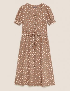 Льняное платье миди с поясом в горошек, Marks&Spencer Marks & Spencer. Цвет: коричневый микс