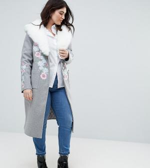 Пальто-бушлат в стиле оверсайз с вышивкой и пушистым воротником Dolly & Delicious Plus. Цвет: серый
