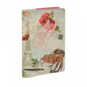 Обложка для паспорта на паспорт с принтом В Париж, натуральная кожа 047307168, розовый, бежевый Eshemoda. Цвет: пыльная роза/розовый/бежевый