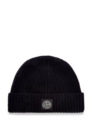 Шерстяная шапка с логотипом на отвороте STONE ISLAND. Цвет: черный