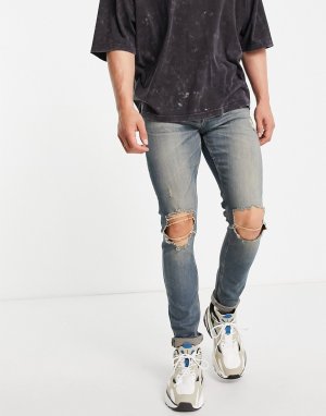 Зауженные выбеленные джинсы со рваными коленями ASOS Dark Future-Голубой DESIGN