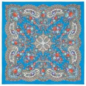 Платок ,135х135 см, голубой, красный Павловопосадская платочная мануфактура. Цвет: синий/голубой