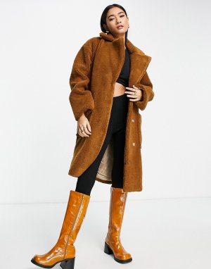Светло-коричневое пальто из искусственного меха с большими карманами Femme-Коричневый цвет Selected