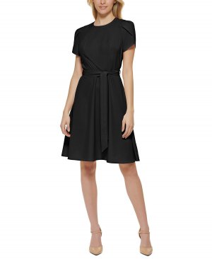 Женское облегающее и расклешенное платье с поясом рукавами-тюльпанами , черный Calvin Klein