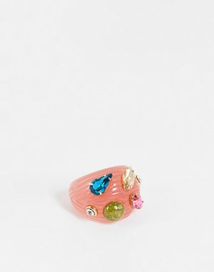 Ребристое полимерное кольцо розового цвета со стразами -Розовый цвет DesignB London
