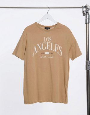 Светло-бежевая футболка с большим слоганом Los Angeles-Коричневый New Look
