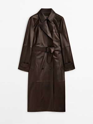 Тренч пальто из кожи наппа с поясом , коричневый Massimo Dutti