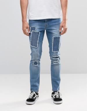 Умеренно выбеленные джинсы с заплатками Brooklyn Supply Co Co.. Цвет: синий