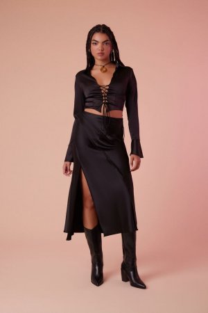 Атласная юбка-комбинация миди с разрезом , черный Forever 21