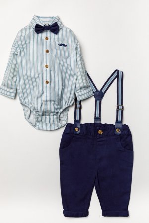 Синий детский комплект боди рубашка галстук-бабочка брюки и подтяжки из 3 предметов , Little Gent