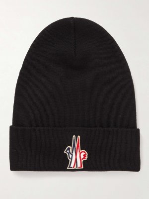 Шерстяная шапка в рубчик с аппликацией логотипа, черный Moncler Grenoble
