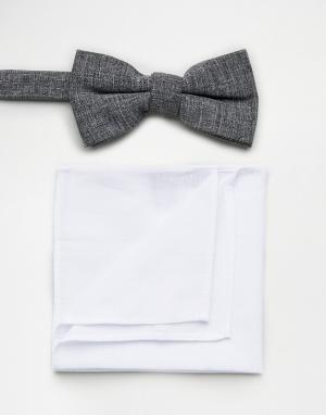 Серый галстук-бабочка и белый платок-паше в наборе New Look. Цвет: серый