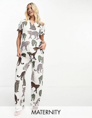 Белоснежный хлопковый топ и брючные пижамы с короткими рукавами пуговицами для беременных в тон леопардовым принтом Chelsea Peers