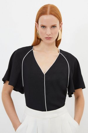 Блузка из креповой ткани с рукавами «летучая мышь» и атласной спинкой контрастной окантовкой , черный Karen Millen