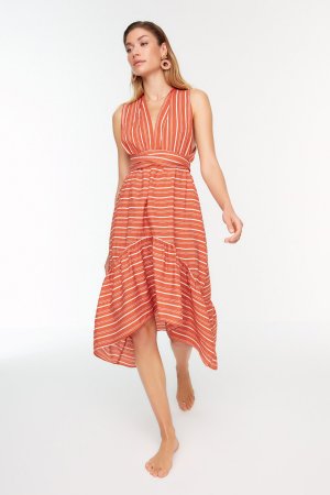 Тканое пляжное платье в оранжевую полоску с завязками , оранжевый Trendyol
